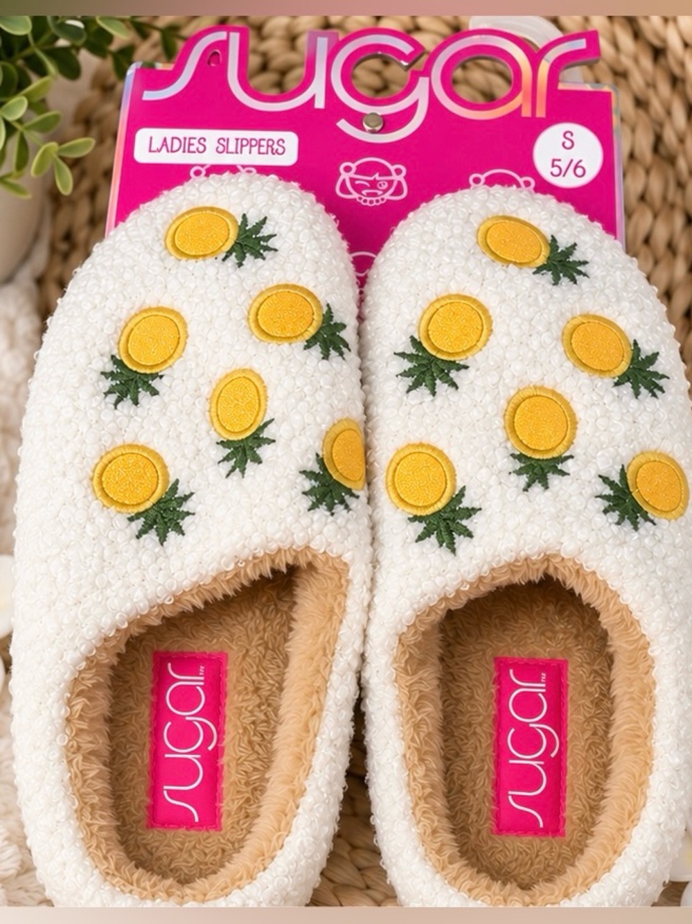 Sugar White Pineapple Patch Cozy Slip-On Slippers